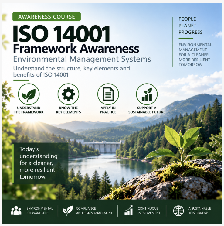 An ISO 14001:2026 environmental management systems awareness poster: understand the framework, know the key elements, apply in practice and support a sustainable future