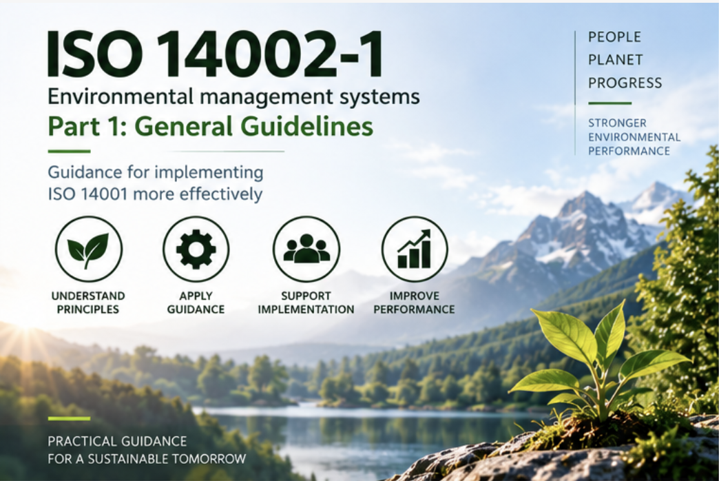 An ISO 14002-1:2019 environmental management systems awareness poster covering Part 1: General Guidelines, showing guidance for implementing ISO 14001 more effectively