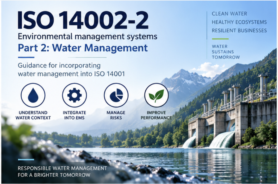An ISO 14002-2:2023 environmental management systems awareness poster covering Part 2: Water Management, showing guidance for incorporating water management into ISO 14001