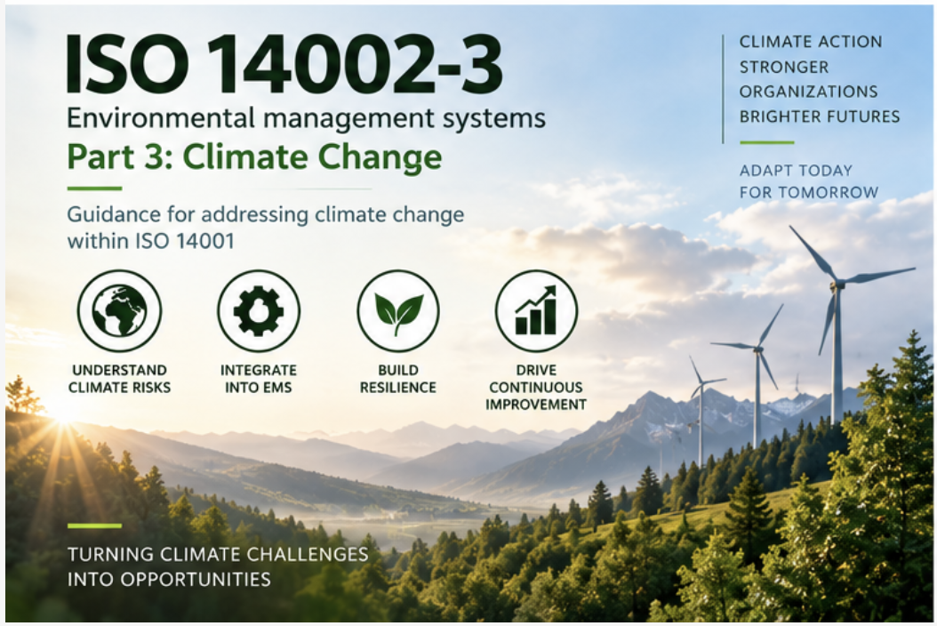An ISO 14002-3:2026 environmental management systems awareness poster covering Part 3: Climate Change, showing guidance for addressing climate change within ISO 14001