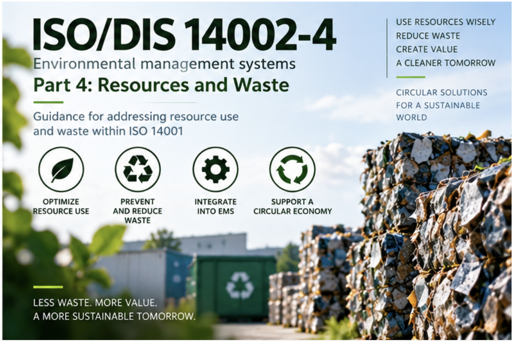 An ISO/DIS 14002-4 environmental management systems awareness poster covering Part 4: Resources and Waste, showing draft guidance for addressing resource use and waste within ISO 14001