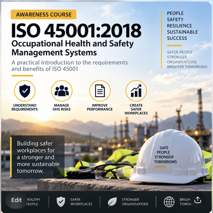 An ISO 45001:2018 awareness poster: understand requirements, manage OH&S risks, improve performance and create safer workplaces