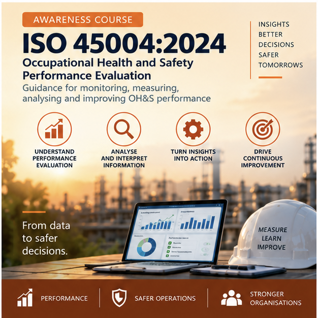 An ISO 45004:2024 OH&S performance evaluation awareness poster: understand performance evaluation, analyse and interpret information, turn insights into action and drive continuous improvement