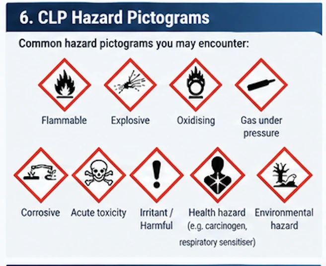 Nine CLP hazard pictograms: flammable, explosive, oxidising, gas under pressure, corrosive, acute toxicity, irritant or harmful, health hazard, and environmental hazard