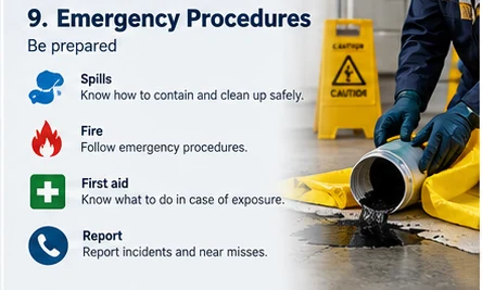 Emergency procedures for spills, fire, first aid and reporting, illustrated with a worker containing a chemical spill using appropriate PPE and warning signage