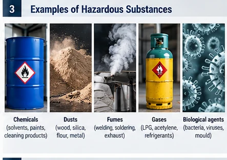 Examples of hazardous substances: chemicals, dusts, fumes, gases and biological agents