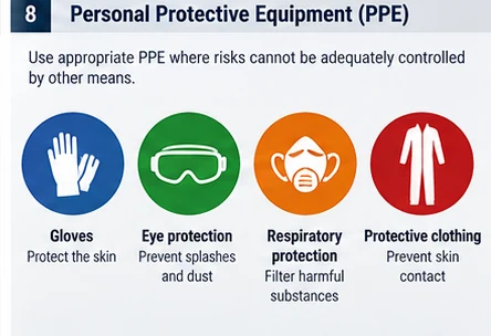 Four types of personal protective equipment: gloves to protect the skin, eye protection to prevent splashes and dust, respiratory protection to filter harmful substances, and protective clothing to prevent skin contact