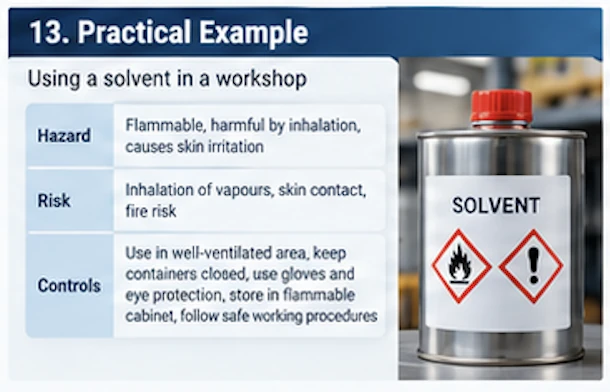 A practical example table for a solvent used in a workshop: hazard is flammable, harmful by inhalation and causes skin irritation; risk is inhalation of vapours, skin contact and fire risk; controls are using a well-ventilated area, keeping containers closed, using gloves and eye protection, storing in a flammable cabinet, and following safe working procedures