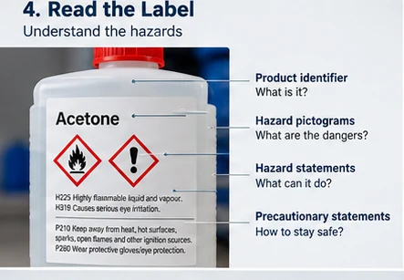 A labelled acetone container showing the product identifier, hazard pictograms for flammability and irritation, hazard statements such as 'highly flammable liquid and vapour' and 'causes serious eye irritation', and precautionary statements about keeping away from heat and wearing protective gloves and eye protection