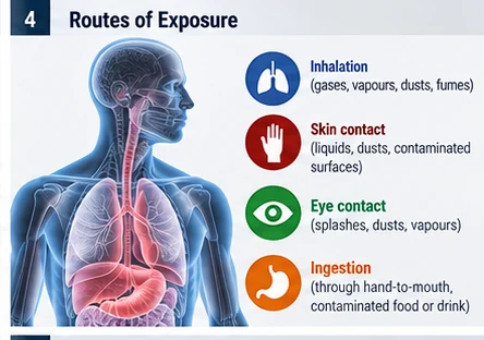 Diagram of a human body showing the four routes of exposure: inhalation of gases, vapours, dusts and fumes; skin contact with liquids, dusts and contaminated surfaces; eye contact from splashes, dusts and vapours; and ingestion through hand-to-mouth contact or contaminated food or drink