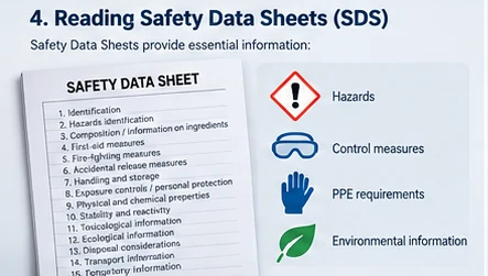 A Safety Data Sheet's numbered section list, from Identification through Regulatory information, alongside icons for hazards, control measures, PPE requirements and environmental information