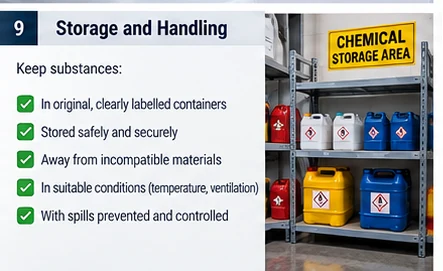 A chemical storage area with labelled containers on shelving, illustrating a checklist: keep substances in original clearly labelled containers, stored safely and securely, away from incompatible materials, in suitable conditions, with spills prevented and controlled