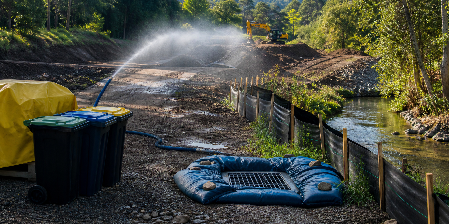 Waste separation, drain protection, silt control and dust suppression at a reconstruction site