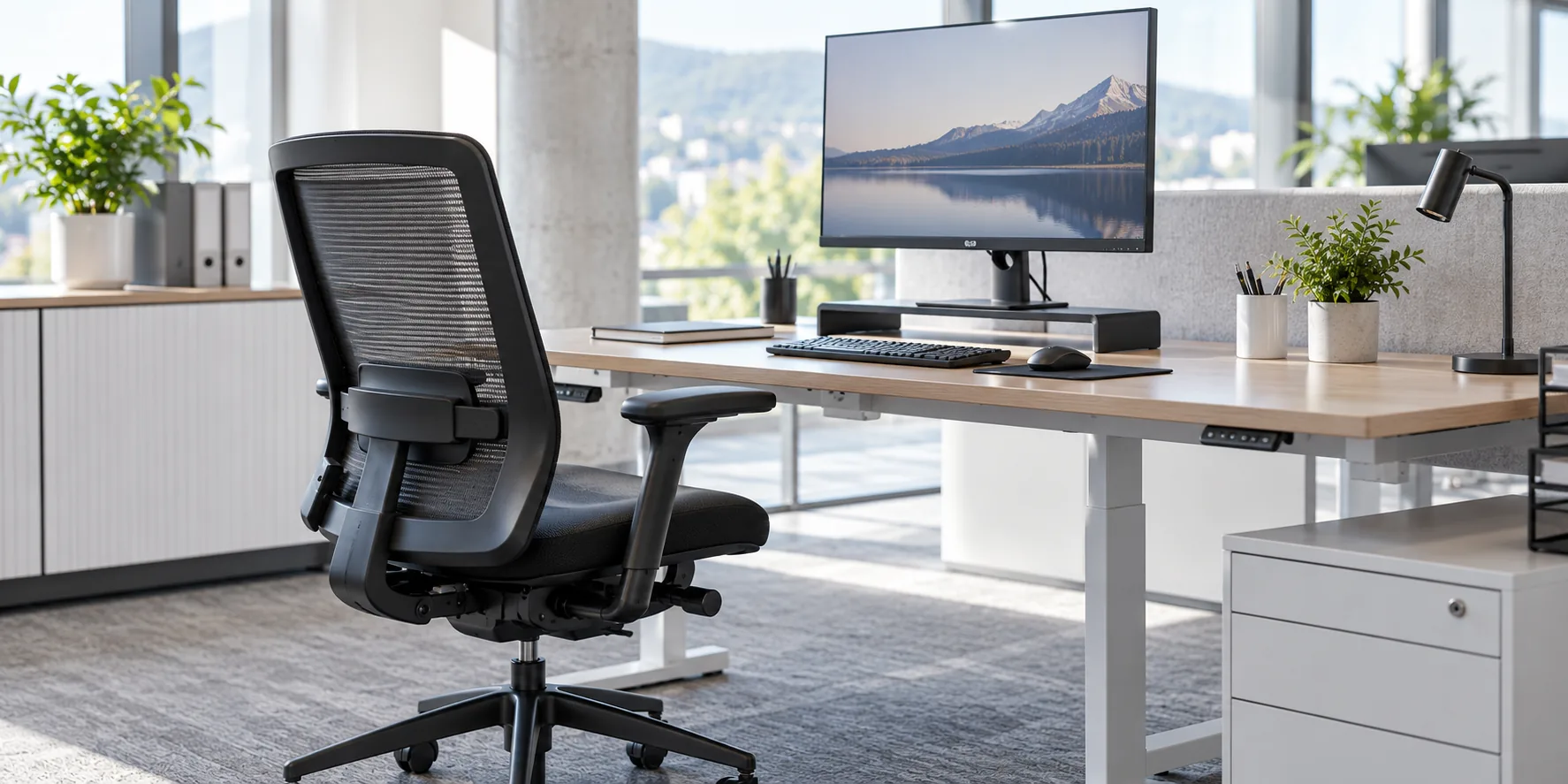 An adjusted office chair, desk and monitor set up for neutral posture