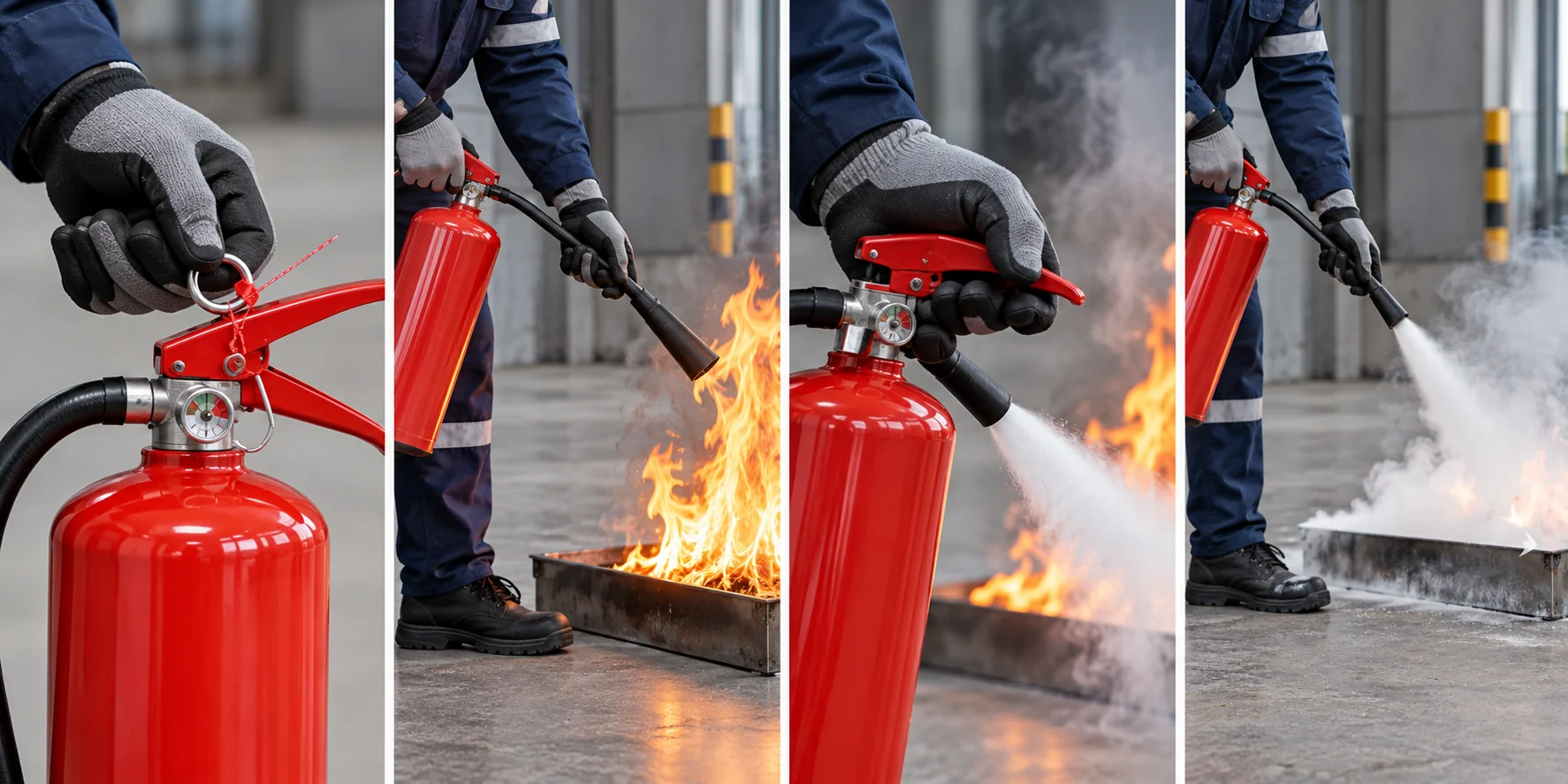 Four-step sequence of a worker using a fire extinguisher: pulling the pin, aiming the nozzle at the base of the fire, squeezing the lever, and sweeping side to side until the fire is out