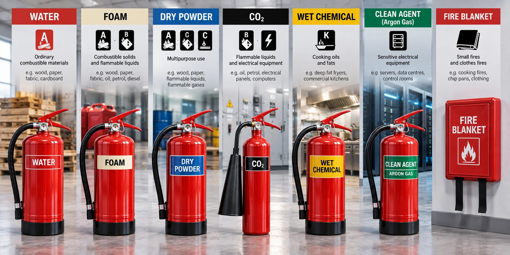 Seven fire extinguishing agents shown side by side with their use: water for ordinary combustibles, foam for solids and flammable liquids, dry powder for multipurpose use, CO2 for flammable liquids and electrical equipment, wet chemical for cooking oils and fats, clean agent (argon gas) for sensitive electrical equipment, and a fire blanket for small and clothing fires