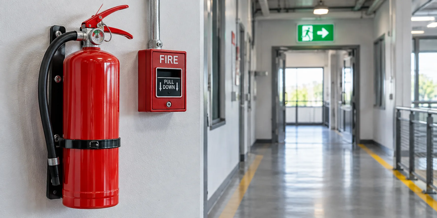 A fire extinguisher, alarm pull station and marked evacuation route