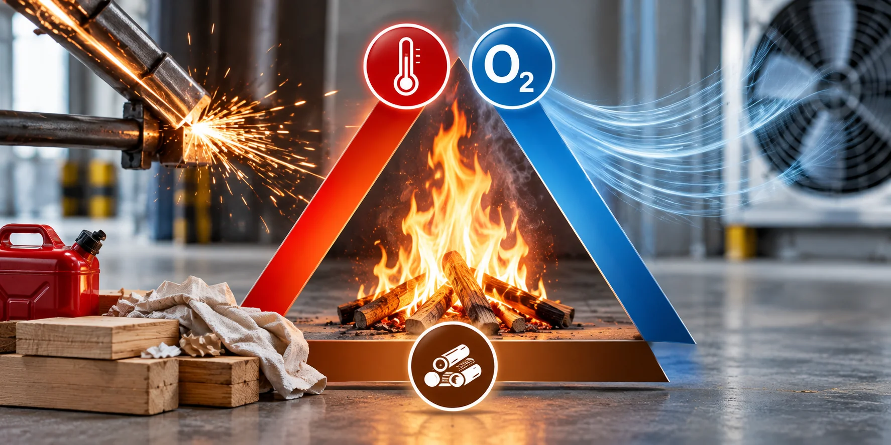 A diagram of the fire triangle: a heat source, oxygen and fuel such as wood, rags and fuel canisters, arranged around a burning fire