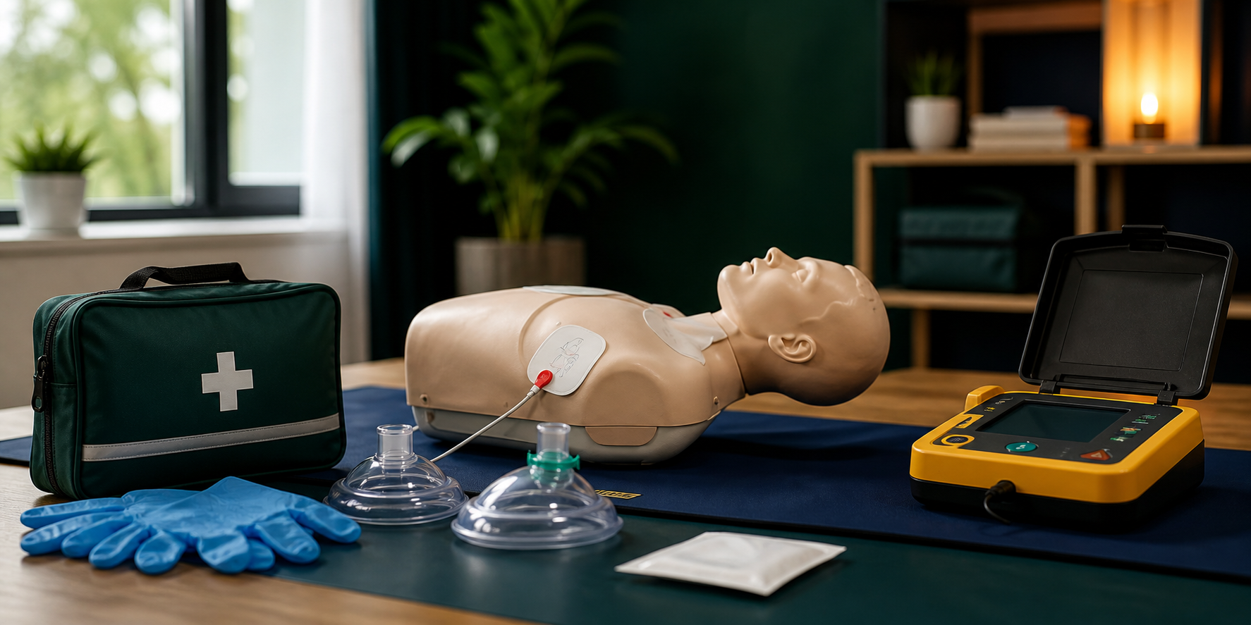 A CPR manikin, AED trainer and first aid equipment arranged for supervised practice