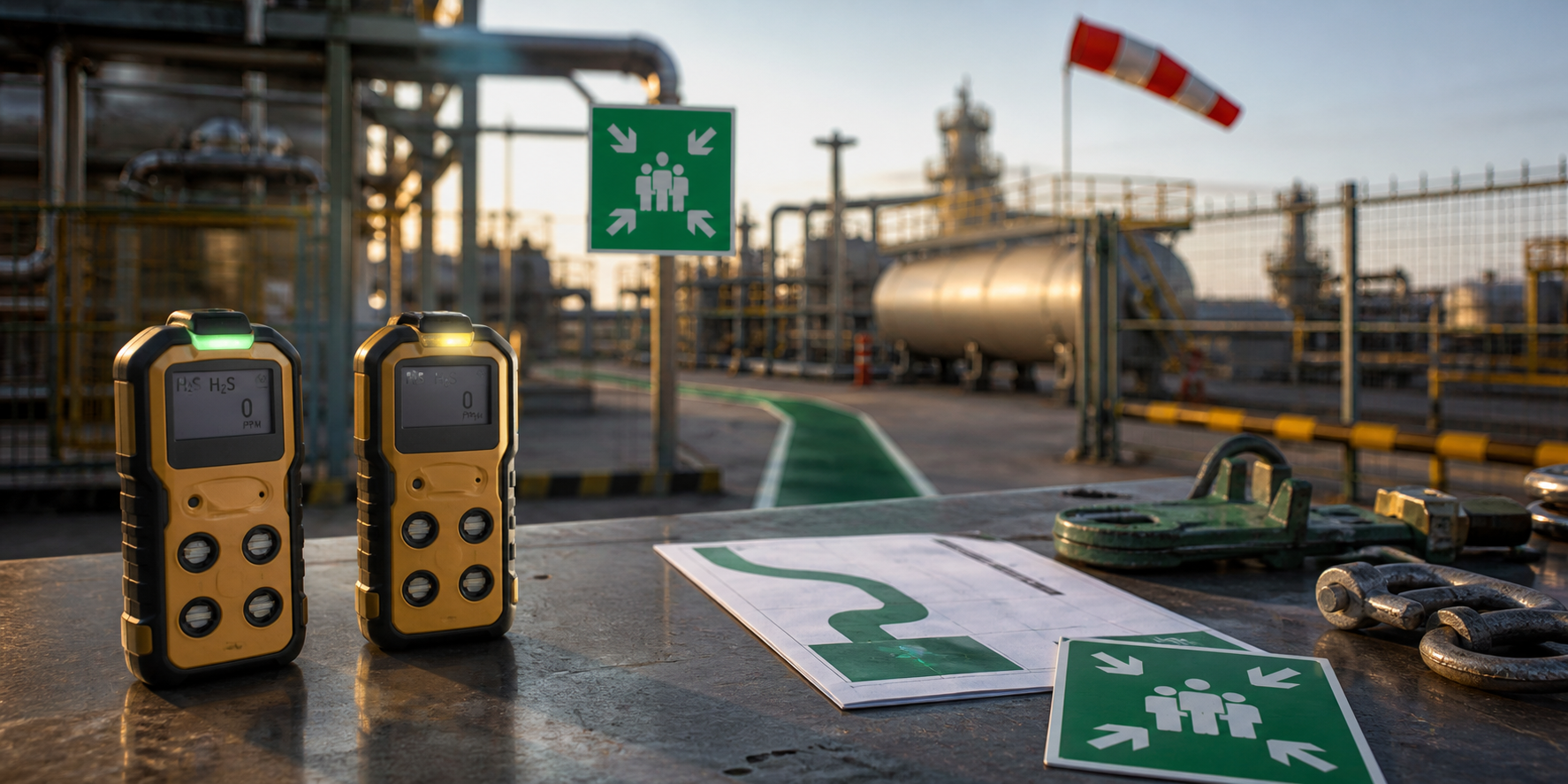Portable H2S detectors, a windsock, escape route and muster controls
