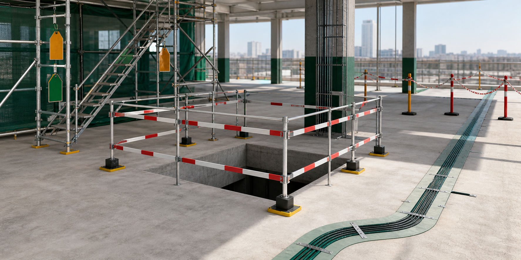 A guarded floor opening, scaffold access and controlled cable route at a reconstruction site