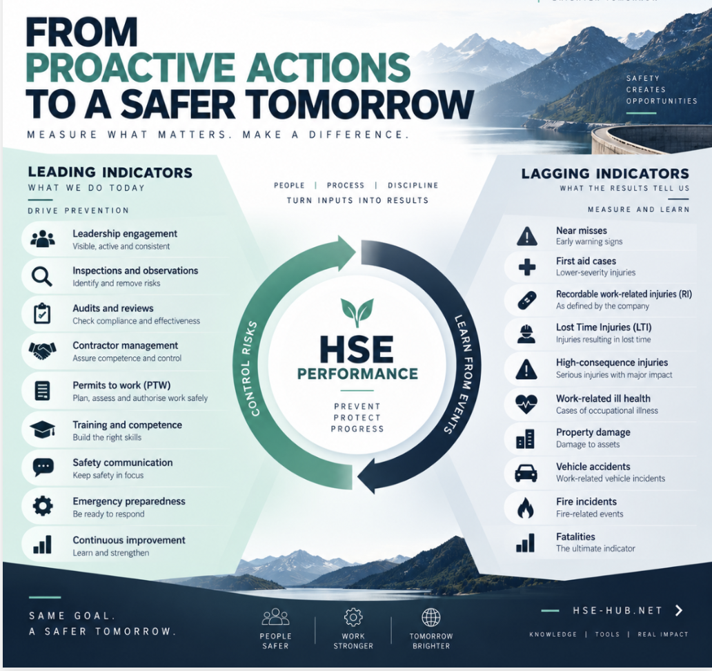 An infographic comparing HSE leading indicators such as inspections and training with lagging indicators such as injuries and incidents