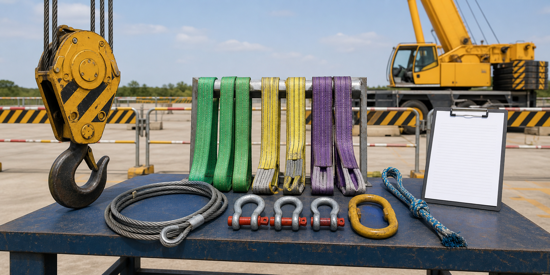 Certified lifting accessories arranged for inspection beside a controlled lifting area