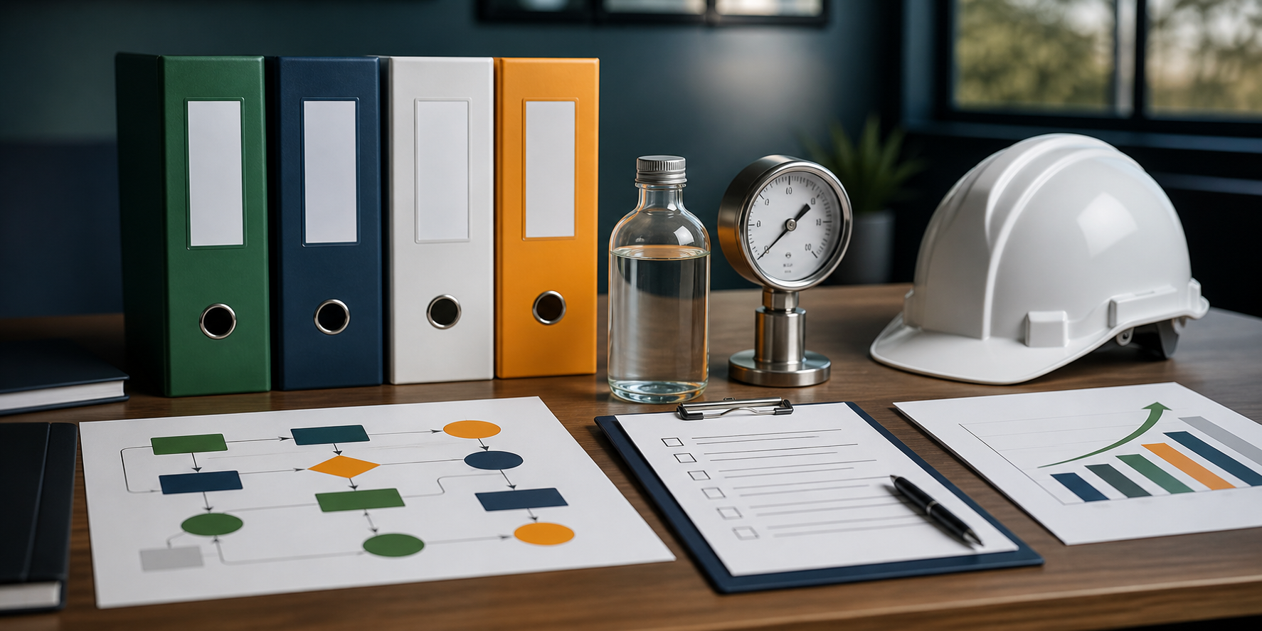 QHSE process documents, measurement equipment, an environmental sample and safety equipment