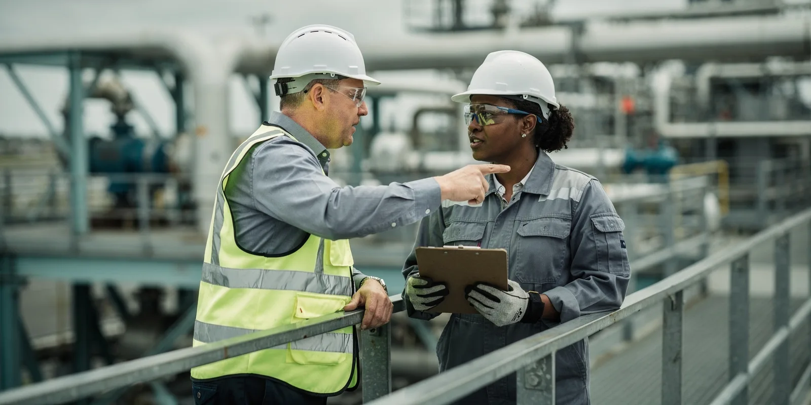 A site leader in PPE reviewing safeguards with a field team on an elevated industrial platform
