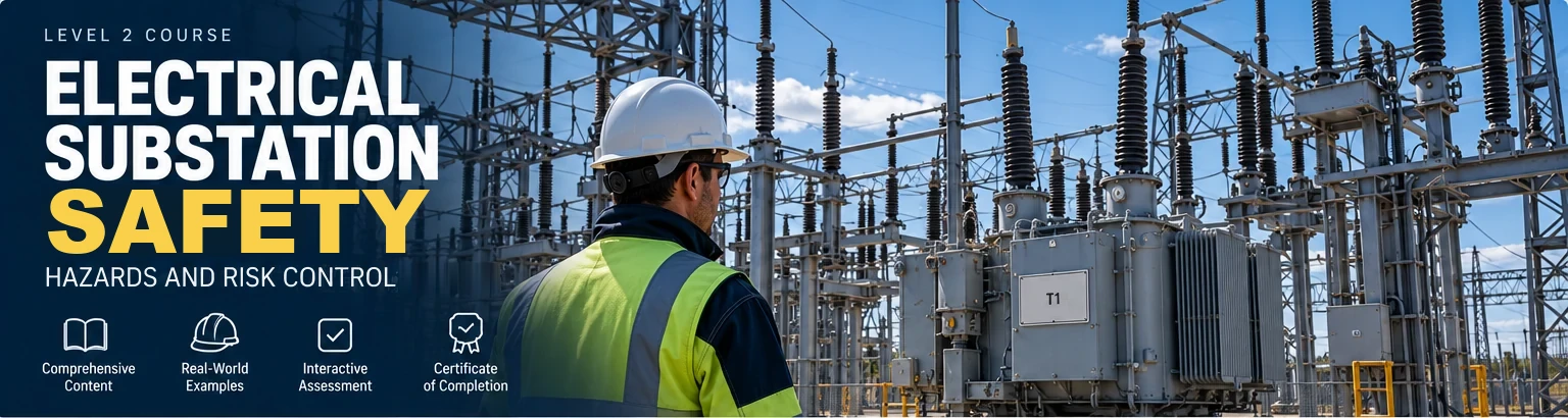A worker in a white helmet and high-visibility jacket looks across an outdoor high-voltage substation with insulators, gantries and a power transformer marked T1