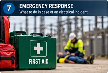 A first aid kit in a substation while a responder in a helmet and high-visibility jacket kneels beside a casualty lying on the ground