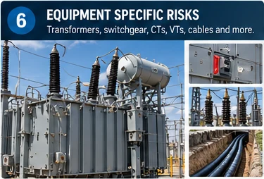 A high-voltage power transformer with bushings and a gas tank, beside smaller views of switchgear, a switchyard bay and HV cables in a trench