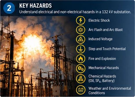 An arc flash explosion in a switchyard beside a list of key substation hazards: electric shock, arc flash and arc blast, induced voltage, step and touch potential, fire and explosion, mechanical hazards, chemical hazards from oil, SF6 and batteries, and weather and environmental conditions