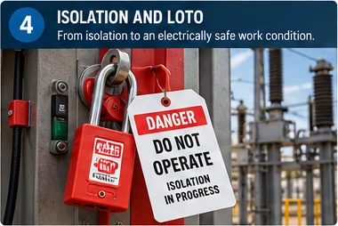 A red safety padlock and a DANGER DO NOT OPERATE, ISOLATION IN PROGRESS tag fitted to a switch in a substation