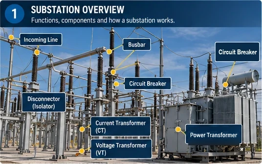 Labelled photograph of an outdoor switchyard showing the incoming line, busbar, disconnector or isolator, circuit breakers, current transformer, voltage transformer and a power transformer