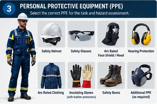 A worker in navy arc rated coveralls next to tiles showing a safety helmet, safety glasses, an arc rated face shield or hood, hearing protection, arc rated clothing, insulating gloves with leather protectors, safety boots and additional PPE as required