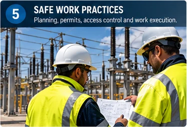 Two workers in helmets and high-visibility jackets review a drawing together in a substation switchyard