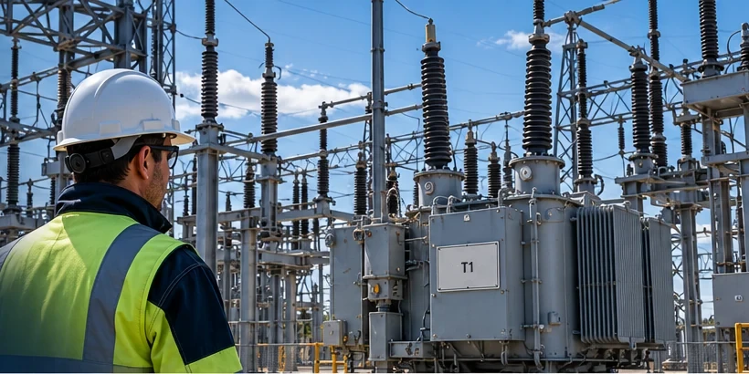 A worker in a helmet and high-visibility jacket looking across a high-voltage substation towards a power transformer marked T1