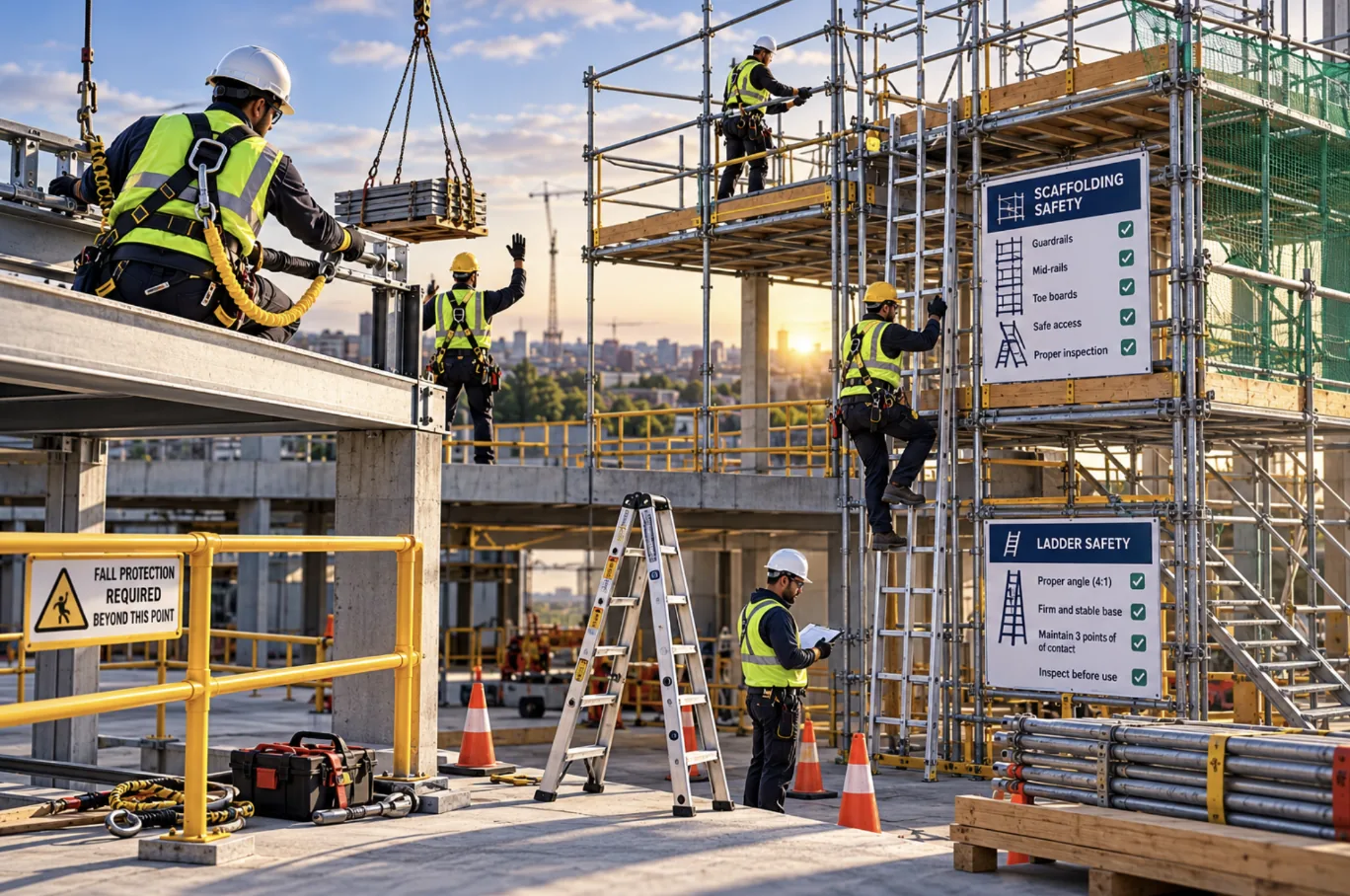 A construction site with a worker in a full-body harness at a beam edge, a load being lifted by crane, a scaffold with guardrails, toe boards and an internal ladder, a stepladder, a worker inspecting with a clipboard, and signs for fall protection, scaffolding safety and ladder safety