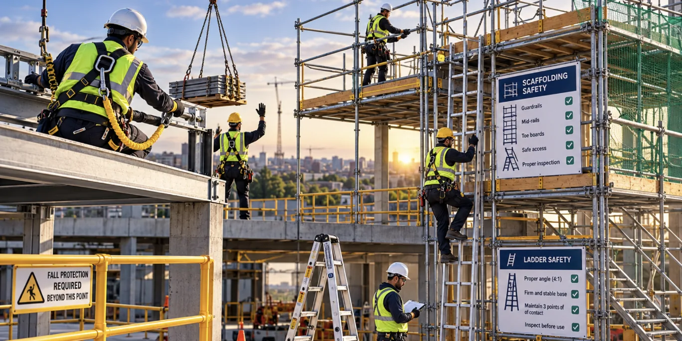 Workers at height on a construction site: a harnessed worker at a beam edge, a scaffold with guardrails and an internal ladder, and a stepladder below