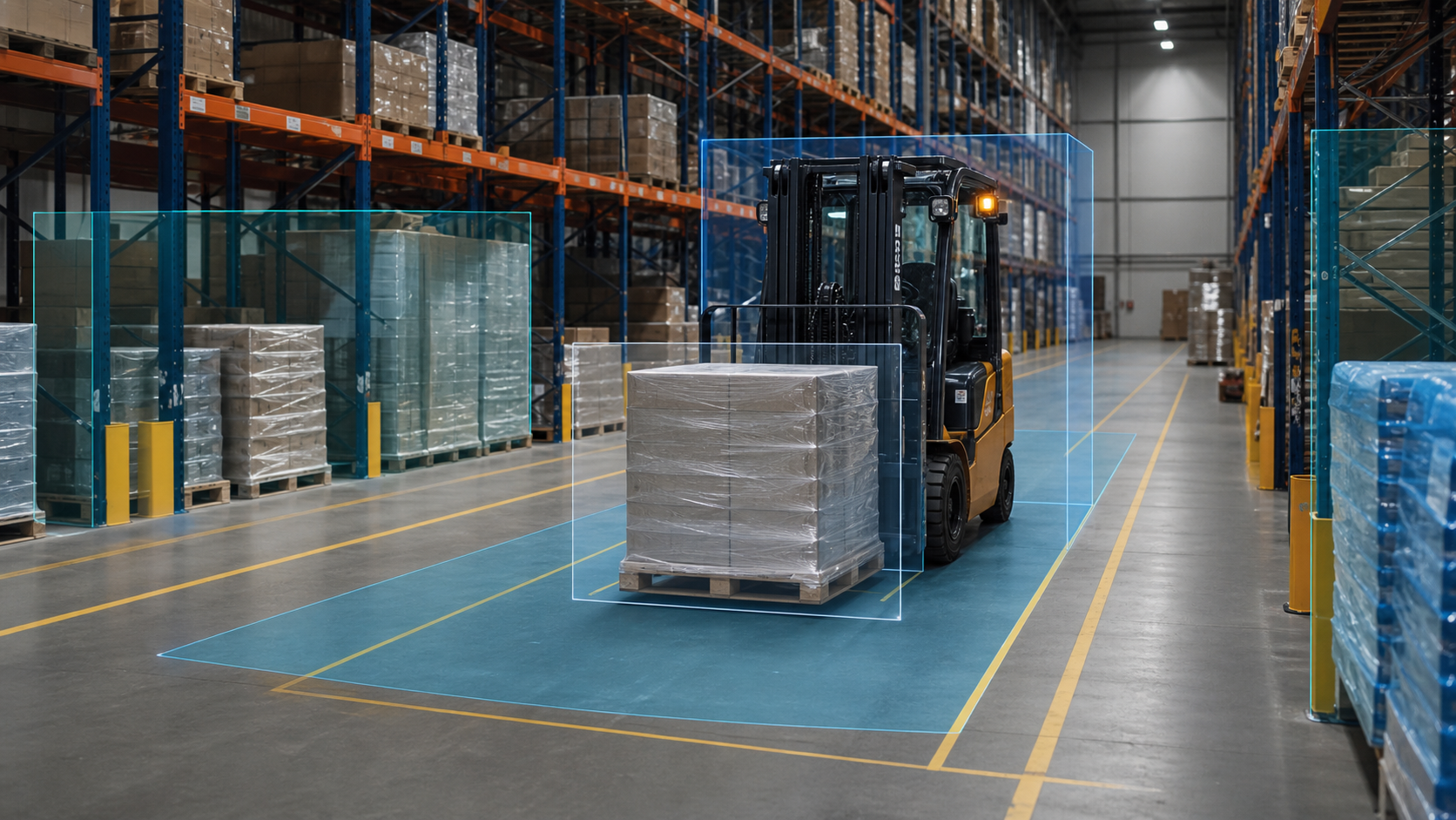 A warehouse forklift moving a pallet with computer-vision safety zones overlaid around it and the aisle.