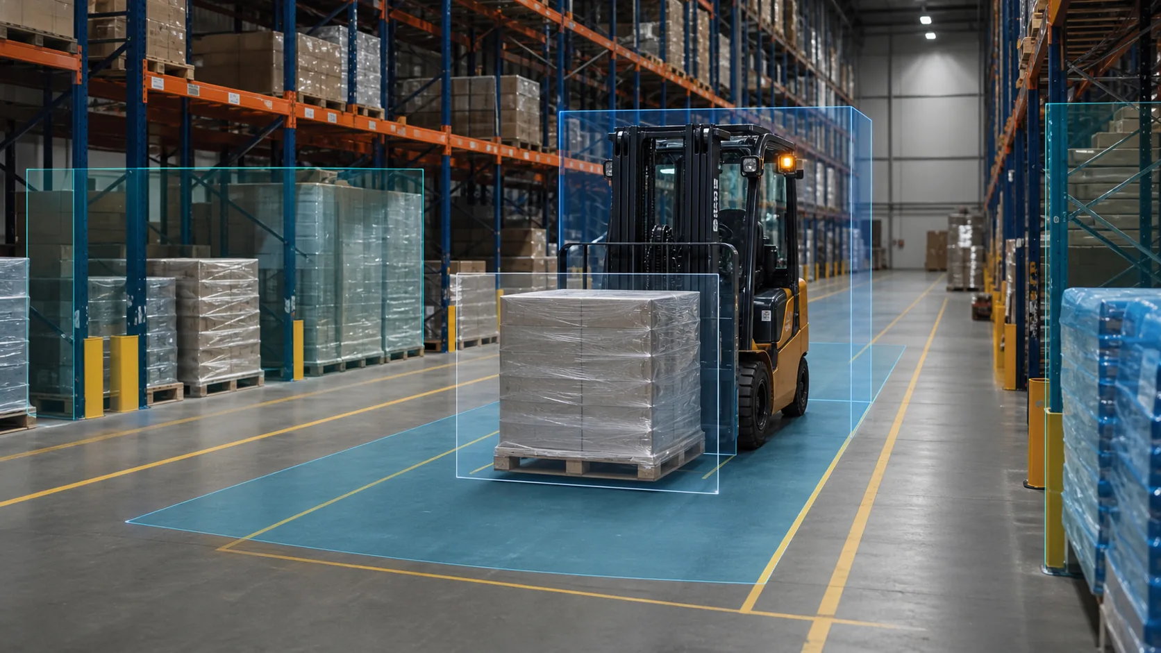A warehouse forklift moving a pallet with computer-vision safety zones overlaid around it and the aisle.