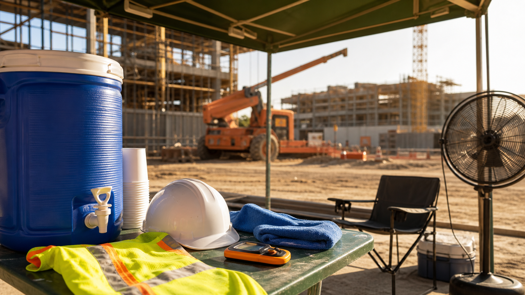 A jobsite water cooler, hard hat, cooling towel and heat-stress monitor set up in a shaded rest area.