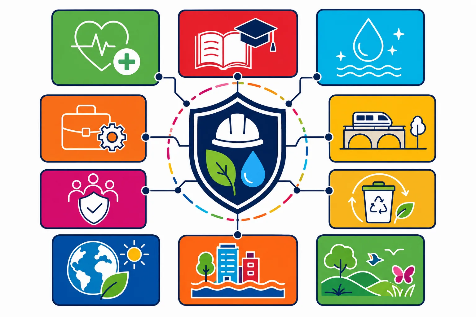 Original infographic connecting HSE with nine areas of sustainable development.