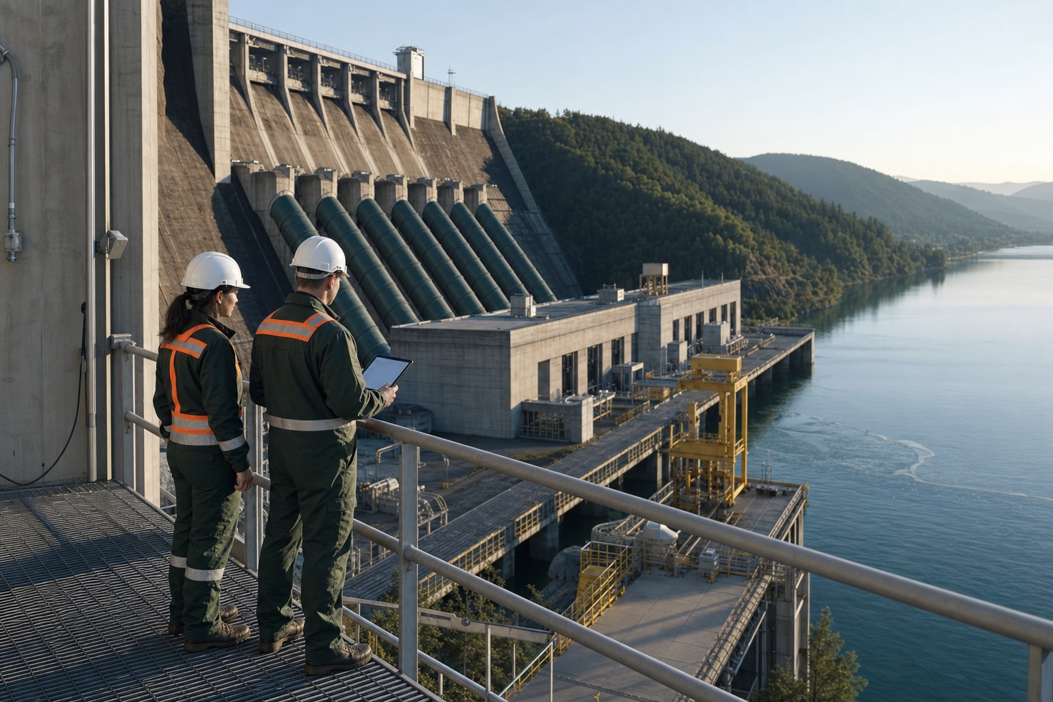 Two engineers in PPE reviewing a tablet on a platform overlooking a hydropower dam and powerhouse.