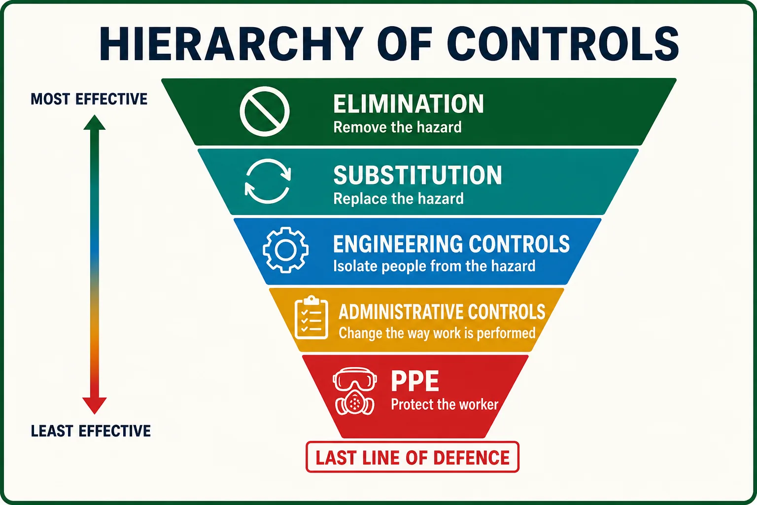 Hierarchy of controls showing PPE as the last line of defence.