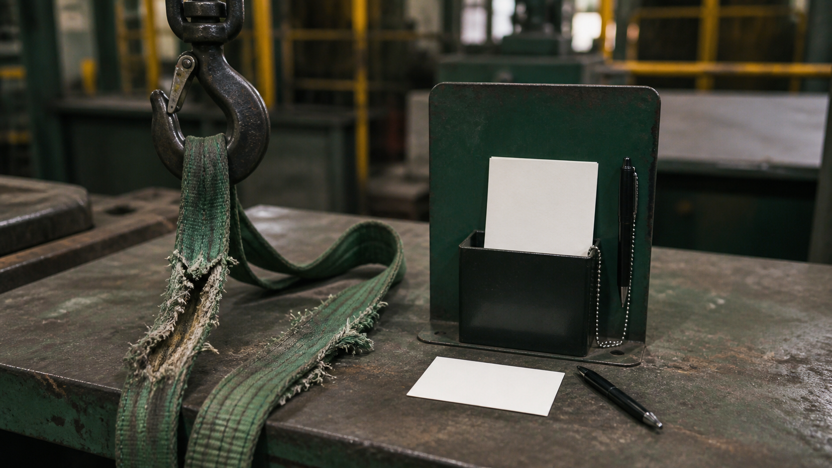 A worn incident-report box with blank cards beside a crane hook, symbolizing near-misses that go unreported.
