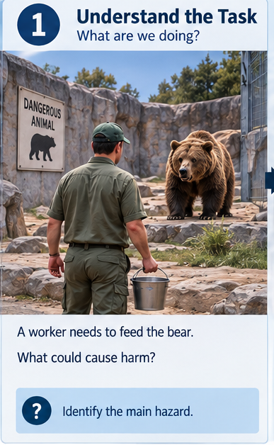 Step 1, understand the task: a worker needs to feed the bear. What could cause harm? Identify the main hazard.