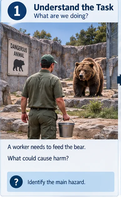 Step 1, understand the task: a worker needs to feed the bear. What could cause harm? Identify the main hazard.