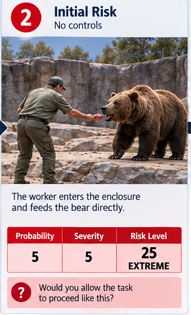 Step 2, initial risk with no controls: the worker enters the enclosure and feeds the bear directly. Probability 5, severity 5, risk level 25, extreme. Would you allow the task to proceed like this?